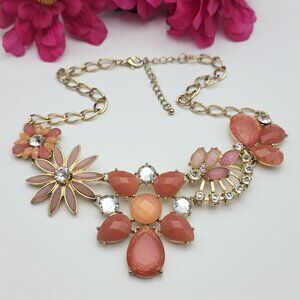 Vintage Pink Floral Bib Statement Necklace With Clear Rhinestones Gold Tone 21"